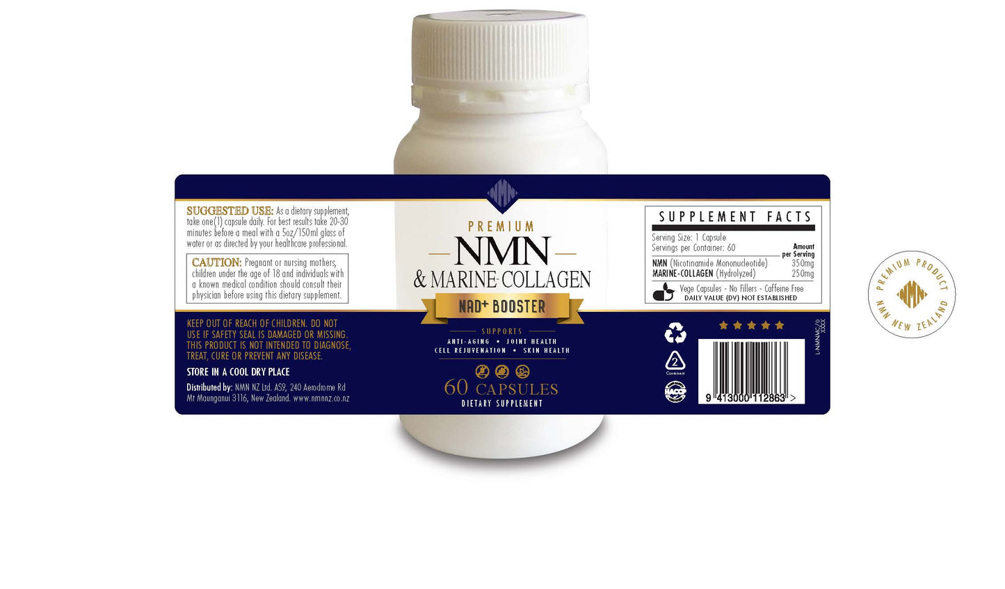 Cellular Health - Simplified...Premium NMN 350mg (NAD+ Booster) and Marine Collagen 250mg 60 capsules